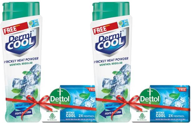 DermiCool Prickly Heat Powder, Regular 150gm + Dettol Cool Soap 125gm Free