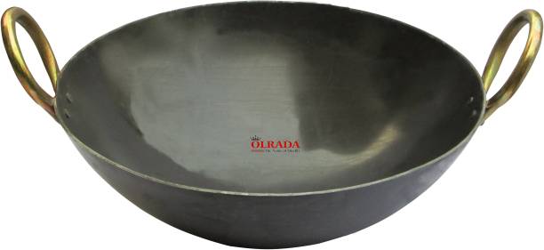 Olrada Iron Kadhai Deep Bottom Kadai , with Golden Rings Black 9inch Cookware Set