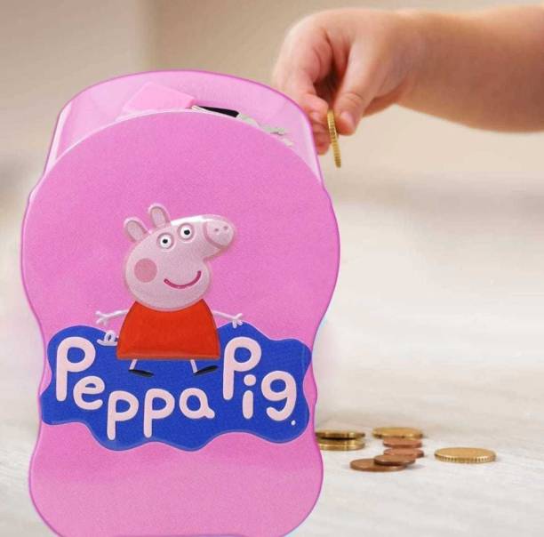 TRENDY&HANDY Cute Peppa Pig Cartoon Character Metal Piggy Bank Coin Box Money Box for Kids with Lock Coin Bank (Pink)