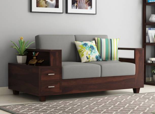DriftingWood Wooden Sofa Set for Living Room | 2 Seater Sofa Set with Attached End Table Fabric 2 Seater  Sofa