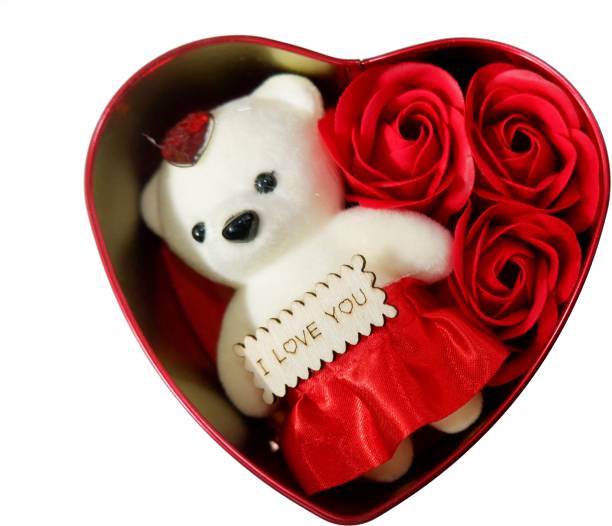 Yaadein Heart Shaped Gift Box,Teddy and Roses(Gift Box with 3 Piece of Rose & Bear Doll)  - 7.5 cm