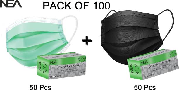 Nea Mask-100 - Black, Green Meltblown Colour Surgical Mask With Melt Blown Fabric Layer