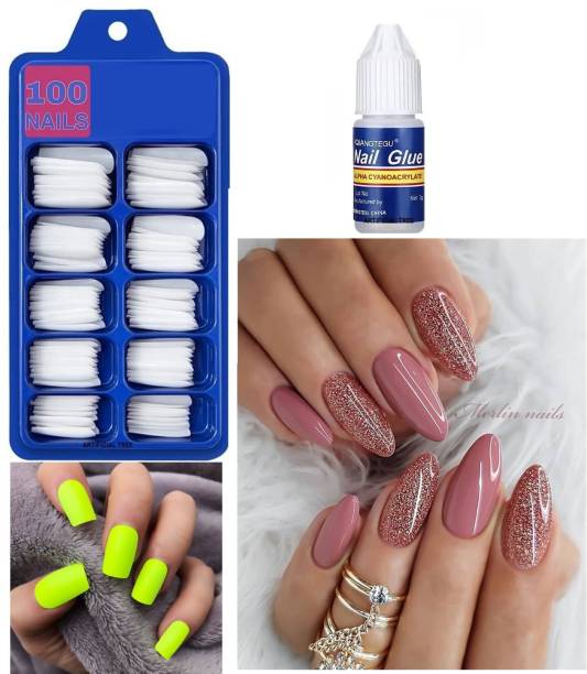 Facejewel 100 PCS Artificial Reusable Nails Set With Glue For Girls/Women TRANSPARENT