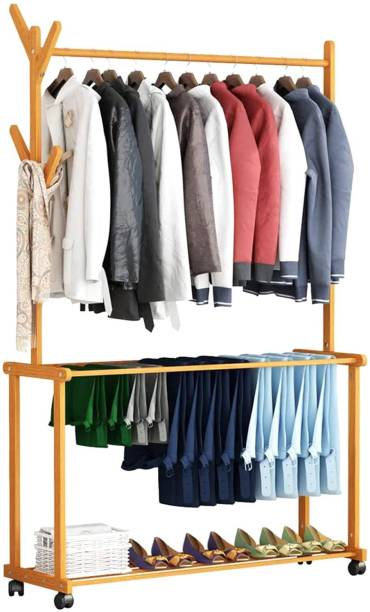 Ada Bamboo Rolling Coat Garment Rack | Clothes Hanging Rail with 2 Shelves 4 Hooks | Engineered Wood Coat and Umbrella Stand