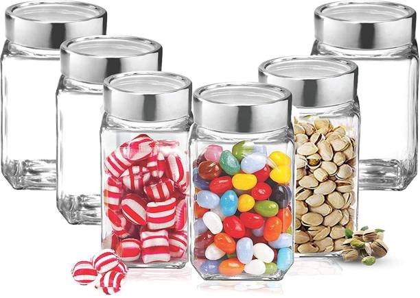 otak cube Square Shape Glass Storage Jar with Airtight Silver Lid Cube Glass Jar Canister Storage Container Airtight Lid Buckle Kitchen Food Organizer for Pickle Spices Jam Pulses Preservation bread container cereal dispenser cookie jar egg container fridge container milk container sprout maker tea coffee & sugar container utility container (Pack of 6, Clear) - 300 ml  - 300 ml Glass Grocery Container