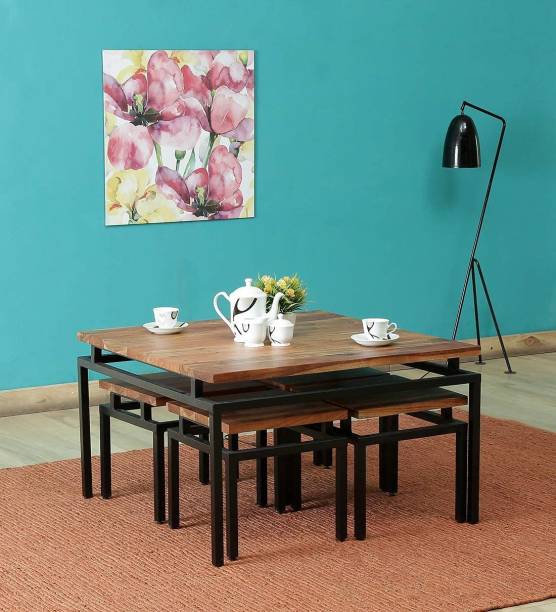 Ashutosh Crafting Iron Frame Sheesham Wood Top Dining Table with Stools Metal 4 Seater Dining Set