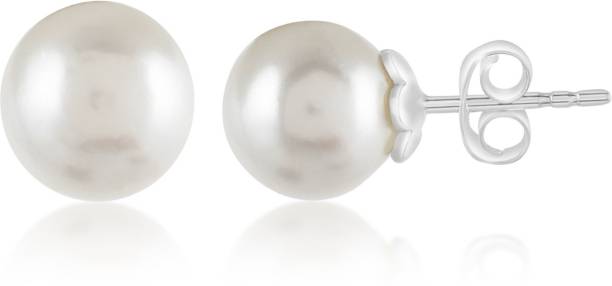 Femme Jam 925 Sterling Silver, Freshwater PEARL / MOTI, Round Shape, 8 mm, Stud Earrings | White Gold Pearl Stud Earring