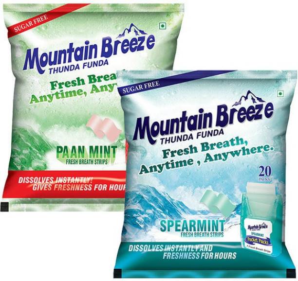Mountain breeze Sugar-Free Paanmint & Spearmint Fresh Breath Strips (7 Strips each) 20 x 2 = 280 Strips PaanMint-Spearmint Mouth Freshener