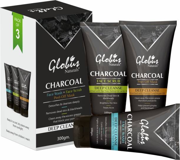 GLOBUS NATURALS Activated Charcoal Anti Acne, Anti Pollution, Anti Tan Kit|Removes Blackheads|De-Tans|Face Wash, Face Scrub, Peel off Mask
