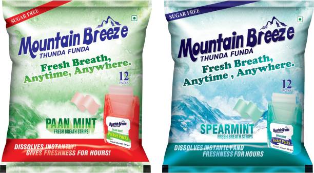 Mountain breeze Sugar-Free Paanmint & Spearmint Fresh Breath Strips (18 Strips each) 12 x 2 = 432 Strips PaanMint-Spearmint Mouth Freshener