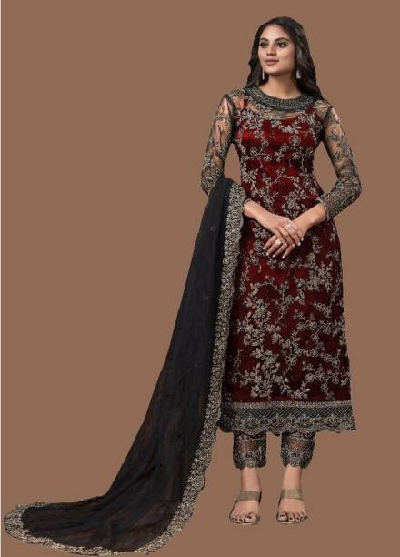 Semi Stitched Net/Lace Salwar Suit Material Embroidered Price in India