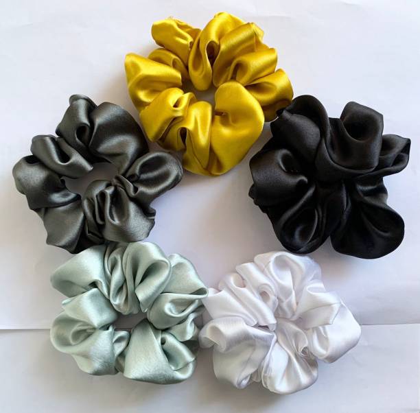Devi creation Multicolor Pure Silk Scrunchies Hair Tie Elastic Large Hair Bands Set of 5 pcs Rubber Band