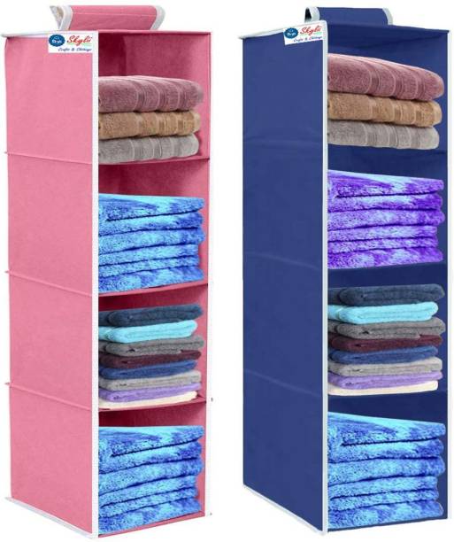 Skylii 4 Section Closet Organizer Hanging Shelves Foldable 4 Tier pck of 2 Blue Pink Micro Fiber Collapsible Wardrobe