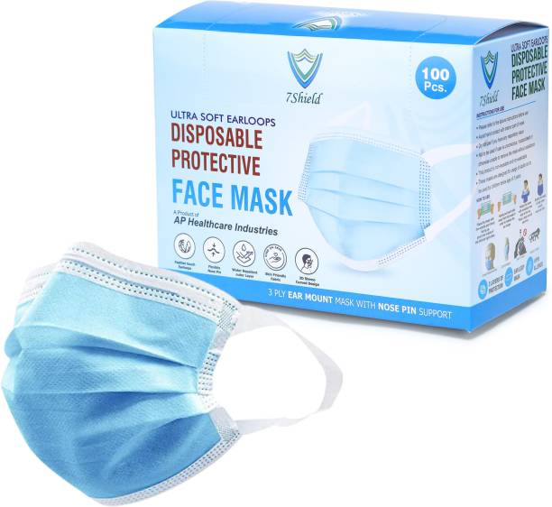 7SHIELD CE and ISO Certified Surgical mask with Extra soft Fabric ear loop and Inbuilt Plastic coated Nose pin disposable water resistant Blue unisex mask with Great Breathability Extra Soft Fabric Ear Loop Mask Water Resistant Surgical Mask
