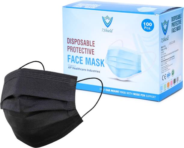 7SHIELD CE and ISO Certified Face Mask with Nose clip and soft ear loops 3PLY Water Resistant Surgical Mask Black 3 ply disposable filter protection breathable dust proof Water Resistant Surgical Mask Mfg By :-AP Health Care 100pcs Black 3 ply disposable filter protection breathable dust proof Water Resistant Surgical Mask