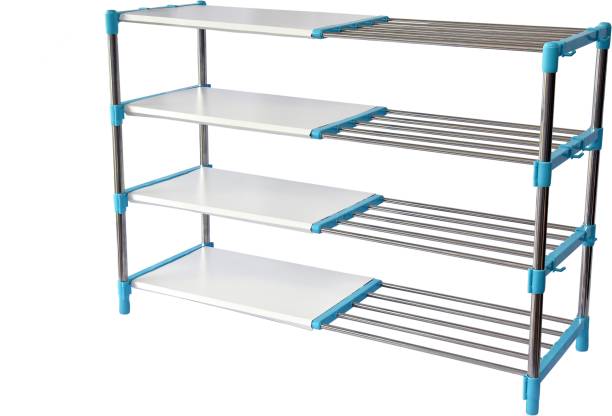 LivingBasics Rust-Free Stainless Steel Adjustable Multipurpose Stand for Kitchen Storage/Microwave & OTG Rack/Shoe Rack/Bathroom Stand/Office Organizer/Bookshelf Stainless Steel Wall Shelf