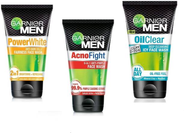 GARNIER MEN FACE WASH (ACNO FIGHT + OIL CLEAR + POWER WHITE) 100*3=300g (PACK OF 3) Face Wash