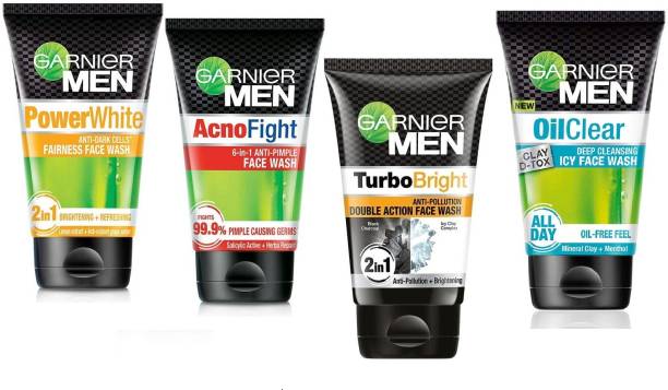 GARNIER MEN (ACNO FIGHT + OIL CLEAR + POWER WHITE + TURBO BRIGHT) 100*4=400g (PACK OF 4) Face Wash