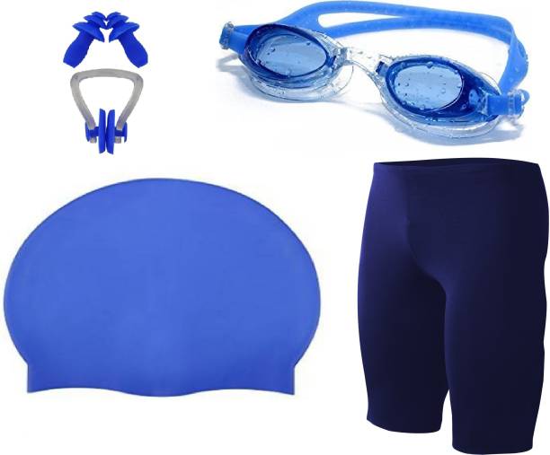 THE MORNING PLAY MEN SWIMMING COSTUME BLUE FREE SIZE (28in-34in) GOGGLE CAP 2 EARPLUG NOSECLIP Swimming Kit