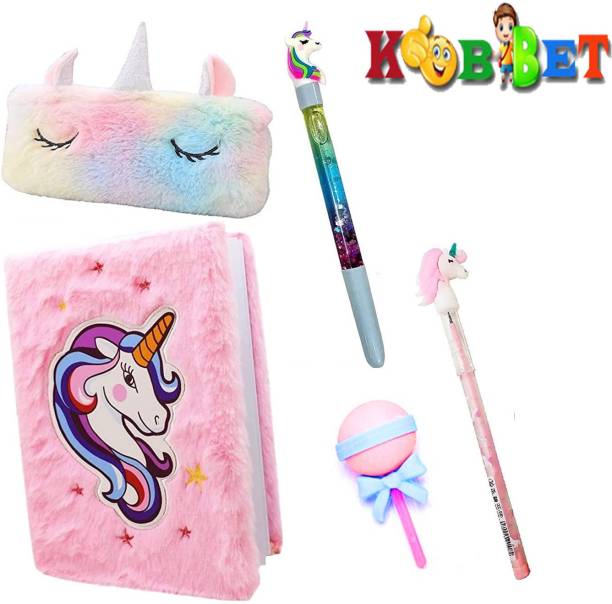KOBBET Kids Combo-5Pcs Unicorn Set Fur Pouch, Diary, Pen, Pencil and Ice-Cream Eraser