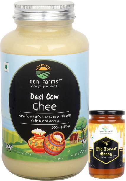 Soni Farms Desi A2 Cow Ghee (Vedic Bilona) (500ml) + FREE Natural Wild Jungle Honey (150gm) 605 ml Glass Bottle