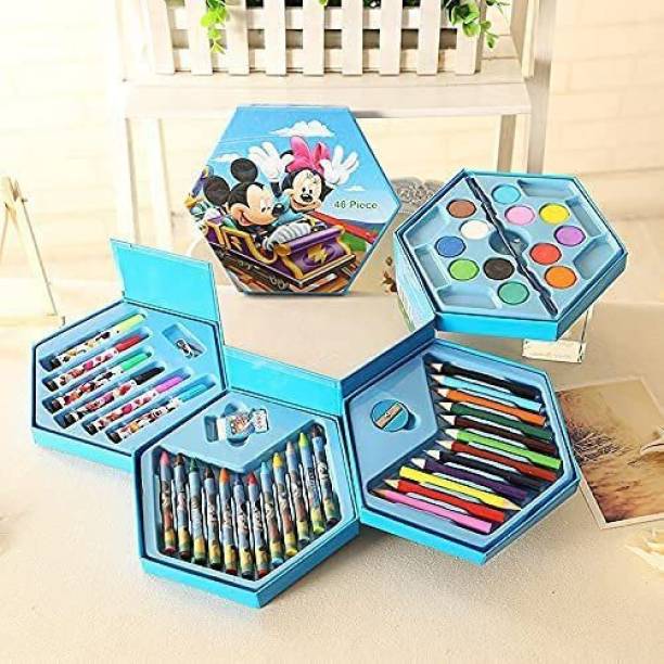 Stakipo Mickey 46 Pcs Art for Kids | Colors Box, Pencil Crayons, Water Color Sketch Pens