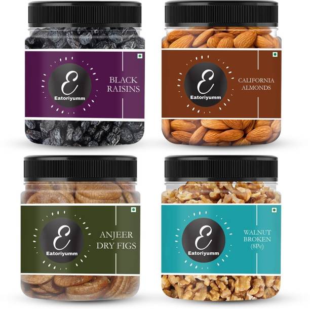 Eatoriyumm Combo Pack|Black Raisin + California Almond + Dry Figs + Walnut 8Pc (250g Each) Figs, Raisins