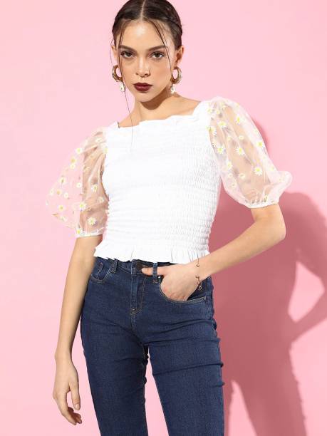 Style Quotient Casual Floral Print Women White Top