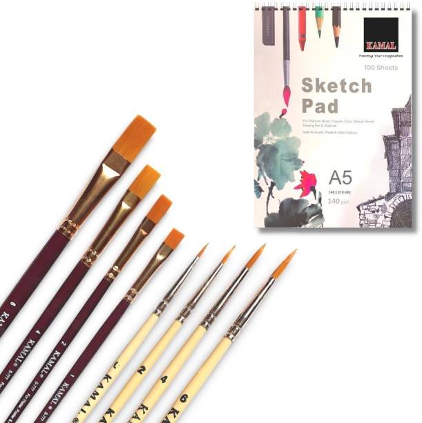 KAMAL Combo of Flat Round Paint Brushes and A5 Sketch Pad 120LB/140GSM 50 Sheets