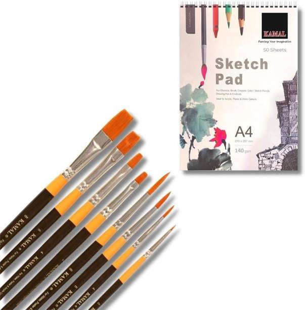 KAMAL Painting Brush Flat and Round Ultra Series Set of 8 with A4 Sketch pad 50 Sheets