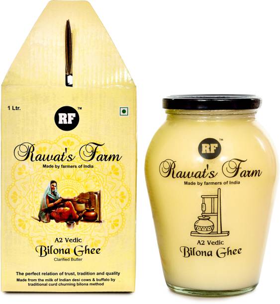 Rawat's Farm A2 Vedic Bilona Buffalo Ghee Made by Curd Churning Bilona Method Ghee 1000 ml Glass Bottle