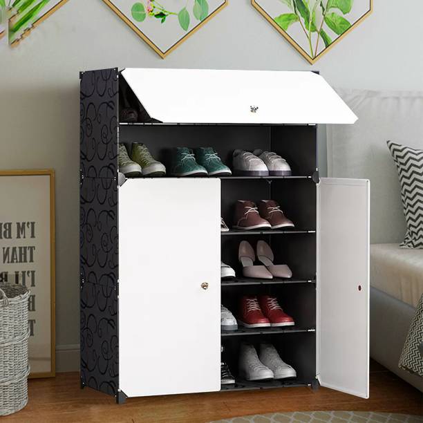 Ozoy 3-Door 6-Shelf Plastic Collapsible PC Wardrobe (Finish Color - Black & White Metal, Plastic Collapsible Shoe Stand
