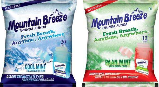 Mountain breeze Sugar-Free Paanmint-Coolmint Combo (18&7 Strips each) Pack of 12&20x2 Spearmint Mouth Freshener