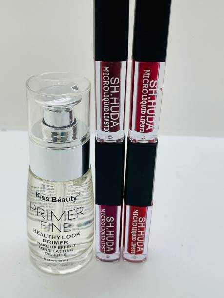 Kiss Beauty COMBO OF PRIMER HEALTHY LOOK PRIMER PACK OF 1 WITH 4 LIPSTICK