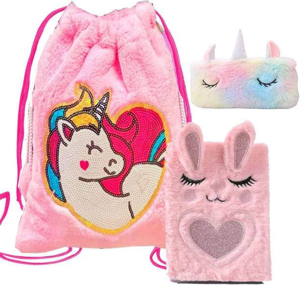 Neel Combo-3Pcs Unicorn Fur Shoulder Bag With Kitty Diary and Fur Pouch for girls