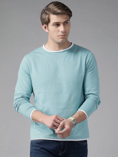 Men Solid Round Neck Light Blue T-Shirt Price in India