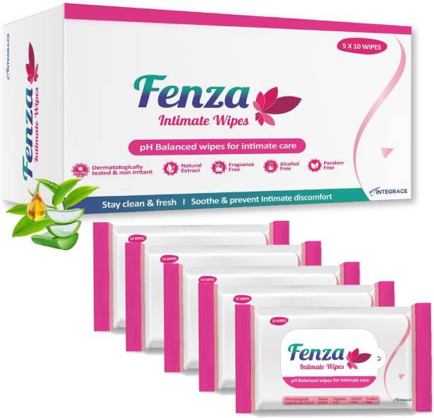 FENZA Intimate Wipes |50-Wipes (Pack of 5) with Aloe Vera & Tea Tree Oil for daily use Intimate Wipes