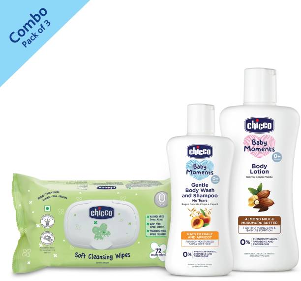 Chicco Fliptop Pack Wipes (72 Count) Baby Moments Gentle Body Wash and Shampoo (100 ml) 200ml Body Lotion