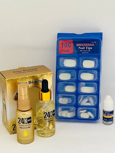 Kiss Beauty COMBO OF 24K GOLD PRIMER AND FIXER AND ARTIFICIAL NAIL PACK OF 3