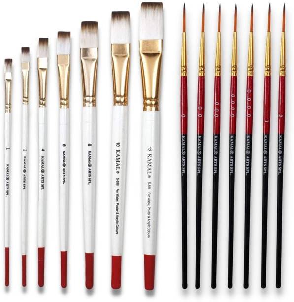 KAMAL Combo of Artist Quality Detail and Script Liner Set of 7 in Synthetic Taklon AND Flat Artist Quality Painting Brush White/Set of 7 in Synthetic Taklon