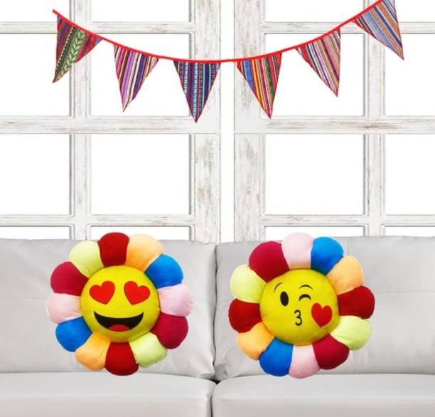 SHOPHOX Sunflower Emoji soft Cute Plush Cushion Pillow for kids , girls ,car ,gift ,Baby Microfibre Smiley Cushion Pack of 2