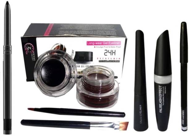 lujo Smudge Proof HDA64 Makeup Beauty Kajal & Eyeliner Mascara Eyebrow Pencil & Black & Brown Gel Eyeliner (6 Items in the set)
