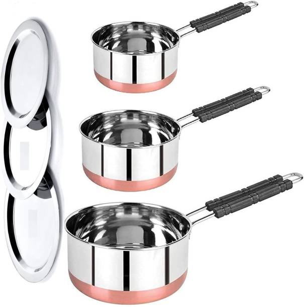 LIMETRO STEEL Set of 3 Flat Bottom Copper Base Saucepan with Lid / Tea Coffee Pan Set Induction Bottom Cookware Set