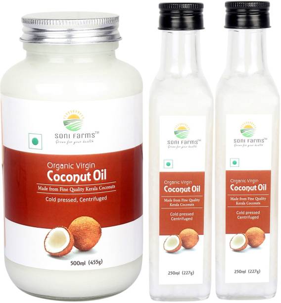 Soni Farms ORGANIC COLD PRESSED VIRGIN COCONUT OIL | NARIYAL KA TEL 1 LTR (500ML X 2) Coconut Oil Glass Bottle