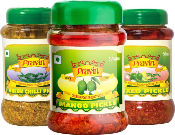 pravin Pickle /Achar Combo of 3 Jar 500g Green Chilli, Mango, Mixed Pickle