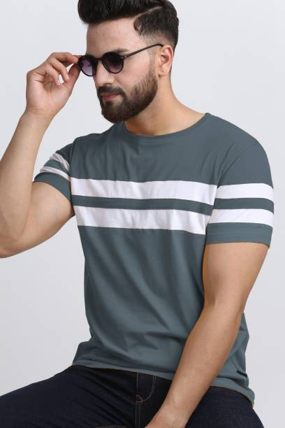 Men Striped Round Neck Grey T-Shirt Price in India