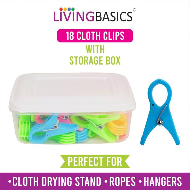 LivingBasics Heavy Duty Rust Cloth Peg/Clothes Clip/Cloth Drying Pins/Pegs for Hanger/Rods/Ropes/Drying Clothes (18 CLOTH CLIP FOR CLOTH DRYING STAND WITH STORAGE BOX) Polypropylene Cloth Clips