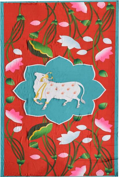 Puja N Pujari Multicolour Cow Design Backdrop Cloth for Pooja Decoration Altar Cloth