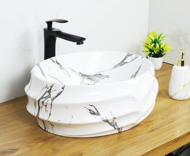 Tap & Tile Most Premium quality Art Wash Basin Countertop, Tabletop Ceremic Bathroom Sink/Basin (White satvario) (455x385x170mm) Table Top Basin