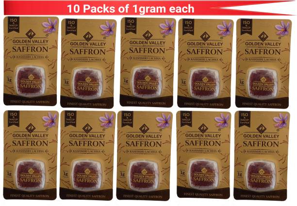 GOLDEN VALLEY Saffron 10 Grams Premium 100% Pure Kashmiri Original Lacha Saffron for Pregnant Women, Biryani, Fair Skin, Milk, Kheer, Tilak, Certified ISO3632 Grade A1++ 100% High Quality Red Yellow Kesar/ Keshar / Kumkumapuvvu - (Pack of-10)X1gm